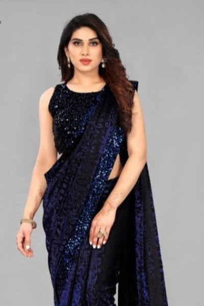 Trending Lycra Blend Saree with Sequins Work For Women (Unstitched)