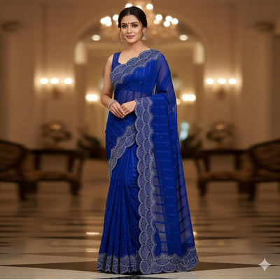 Stone Work Chiffon Georgette Saree for Women (Unstitched)