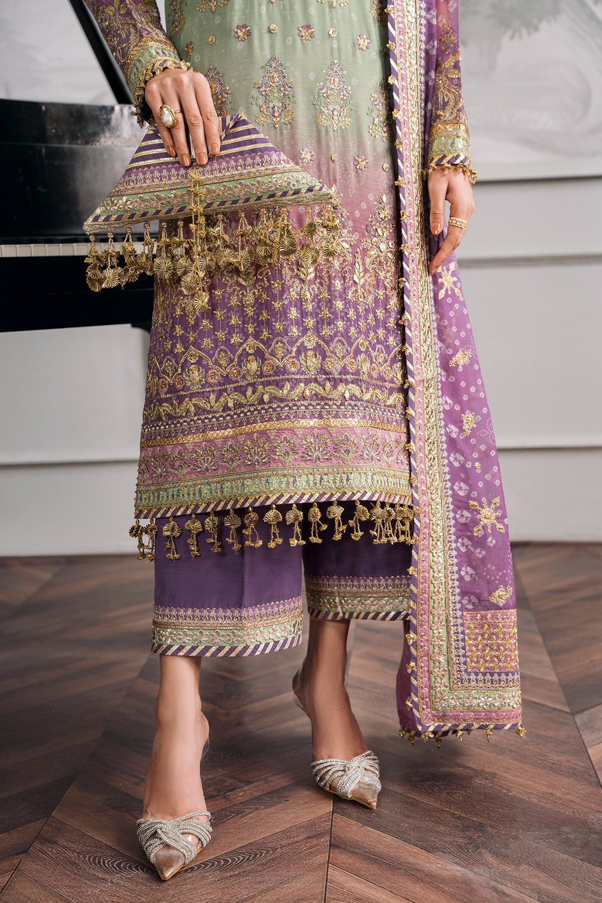 Back on Demand! Baroque stitched Chiffon Suit with Silk Trouser