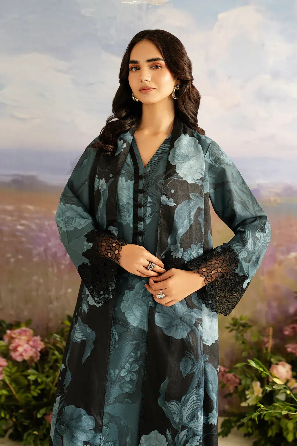 3-Piece Stitched Embroidered Lawn Suit With Chiffon Dupatta