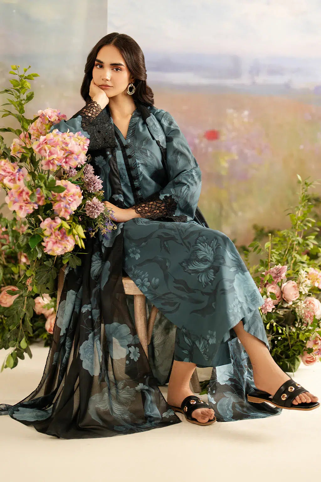 3-Piece Stitched Embroidered Lawn Suit With Chiffon Dupatta