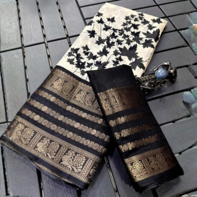 Classic Black And White Contrast Saree (Unstitched)