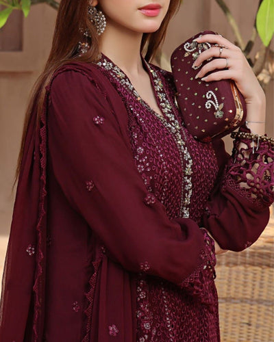 CRIMSON  Chiffon Suit with Malai Trouser  stitched