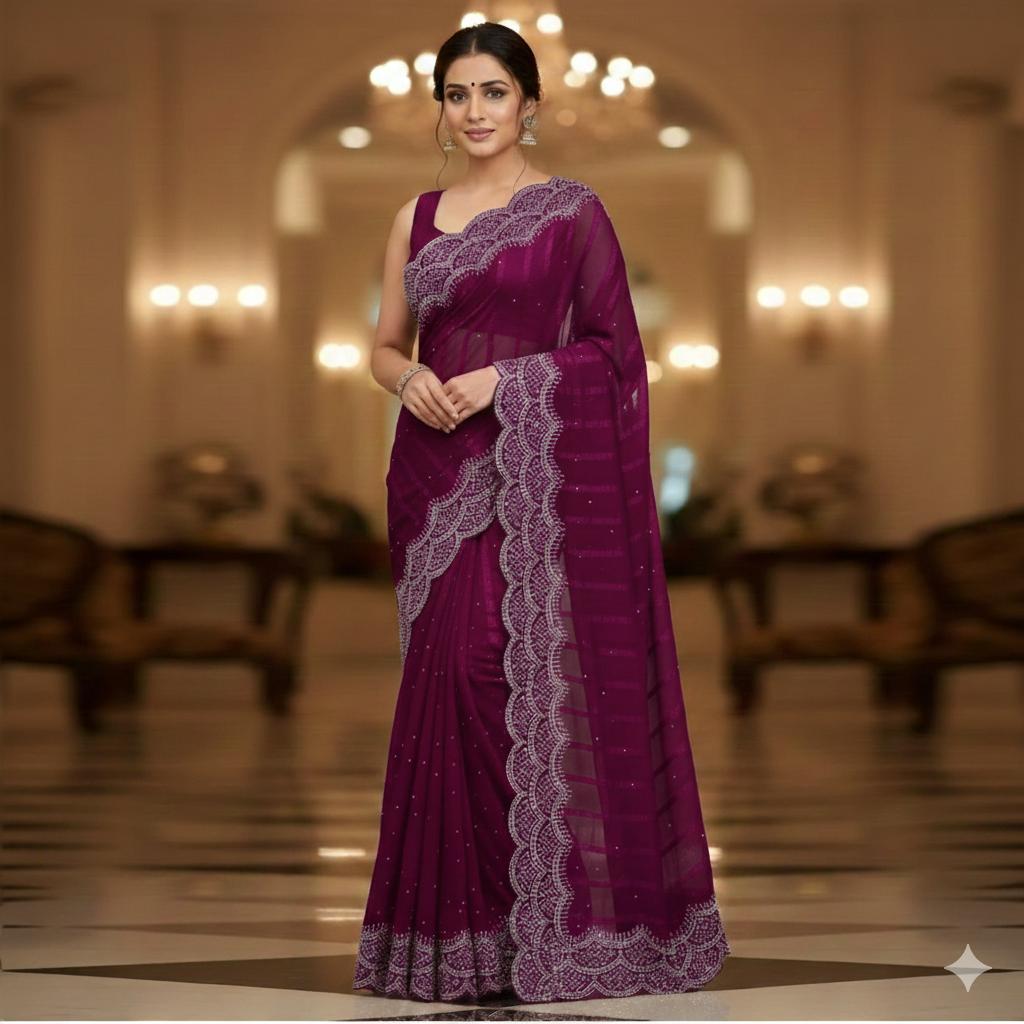Stone Work Chiffon Georgette Saree for Women (Unstitched)