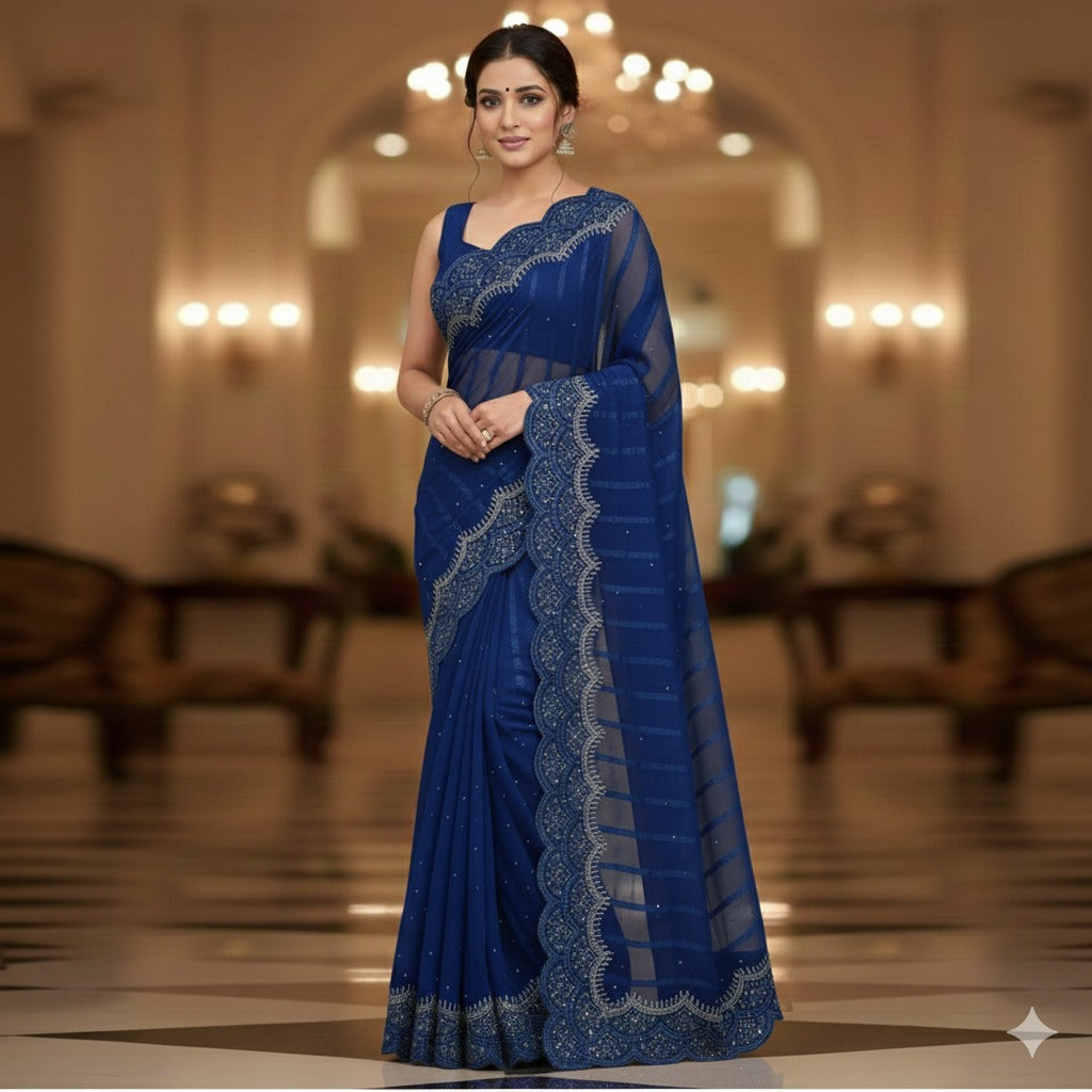 Stone Work Chiffon Georgette Saree for Women (Unstitched)