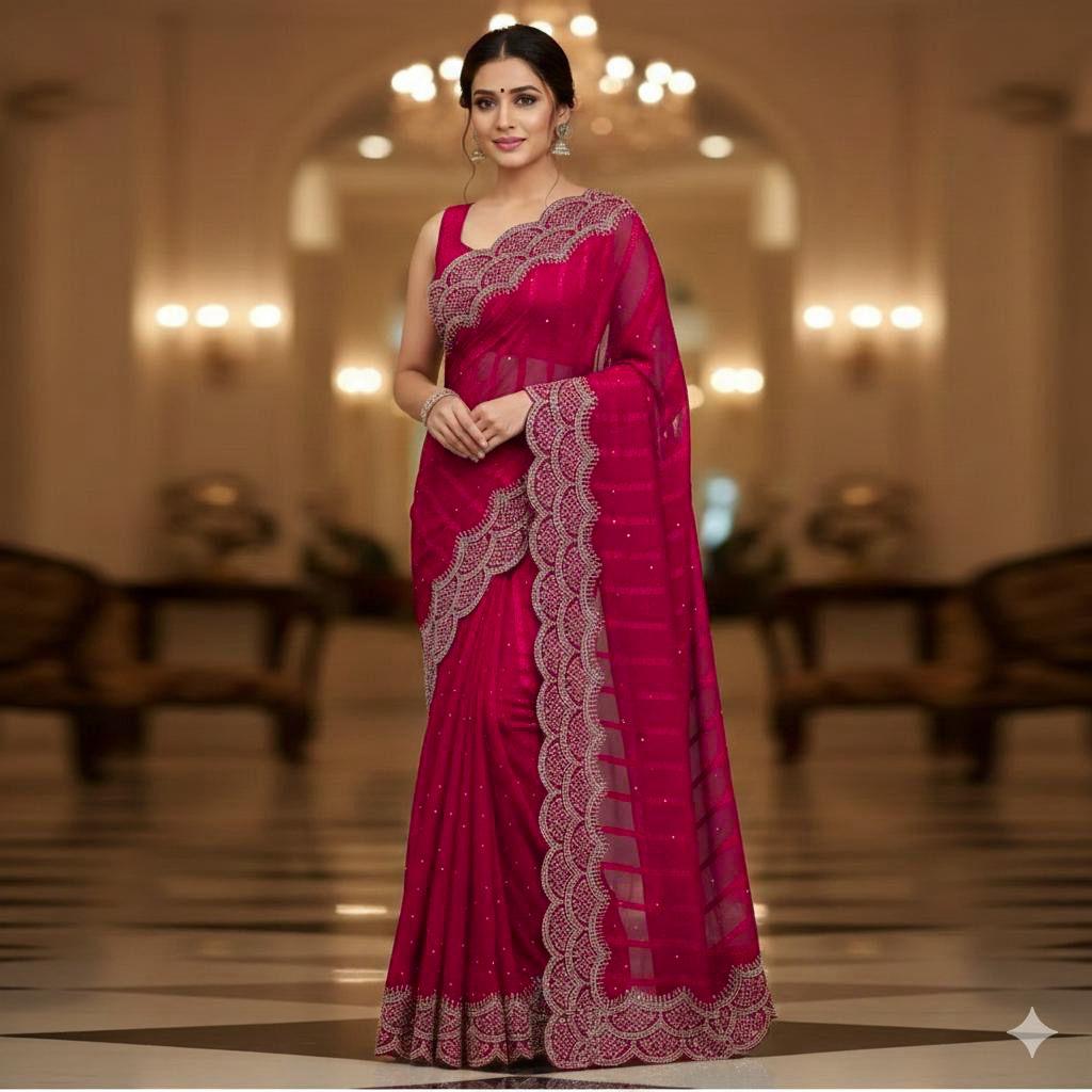 Stone Work Chiffon Georgette Saree for Women (Unstitched)