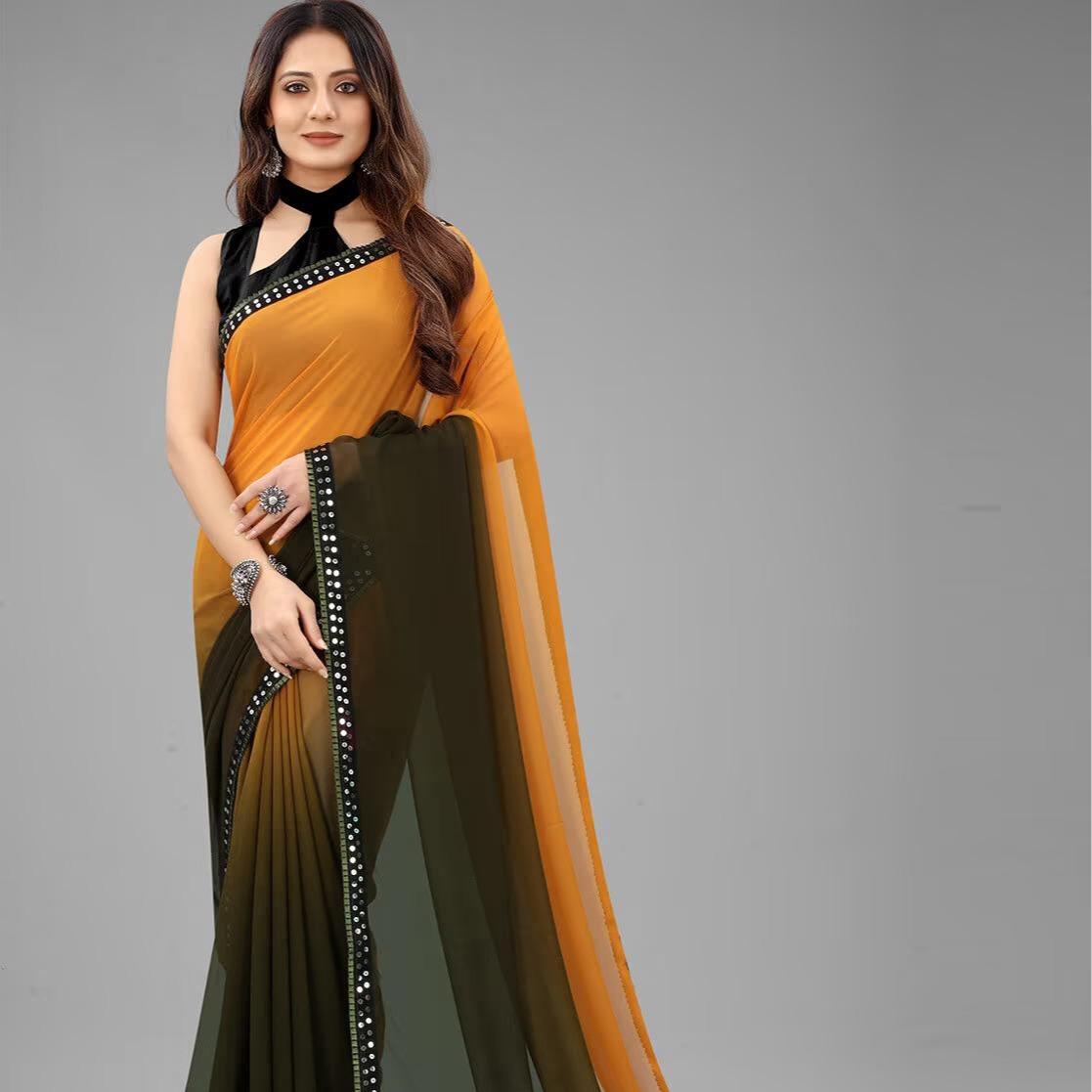Women’s Ombré Georgette Saree with Mirror-Work Lace & Velvet Blouse Fabric (Unstitched)
