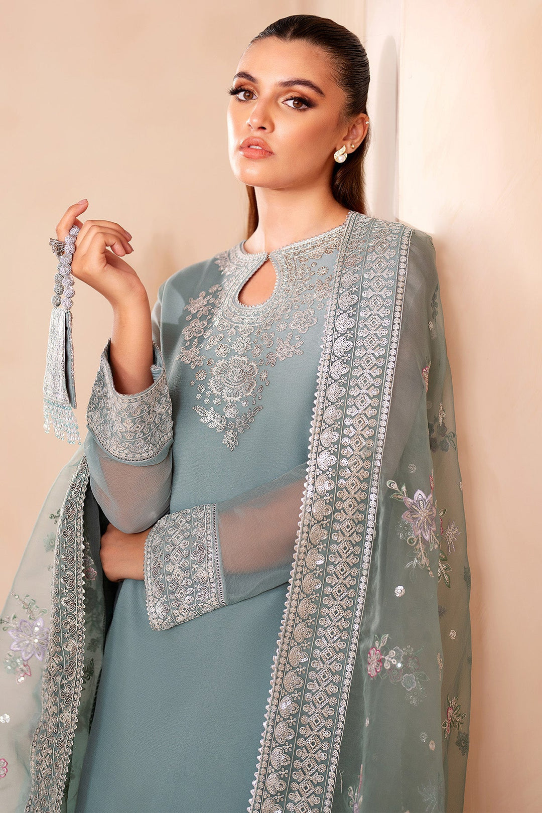 3 Piece Stitched Chiffon & Organza Suit -  Ready  to Wear