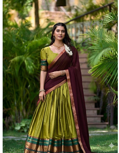 Stylish Lichi Silk Saree Lehenga With Blouse & Banarasi Dupatta For Women (Unstitched)