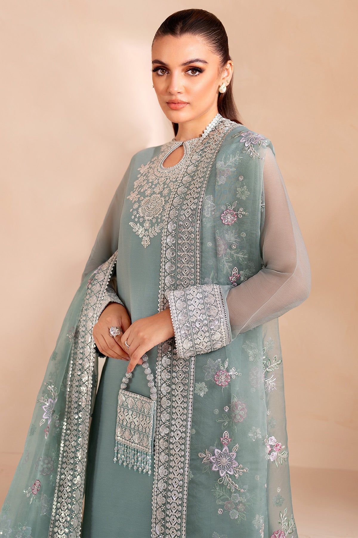 3 Piece Stitched Chiffon & Organza Suit -  Ready  to Wear