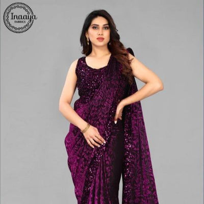 Trending Lycra Blend Saree with Sequins Work For Women (Unstitched)