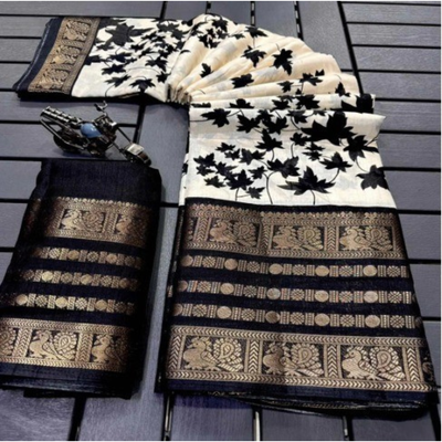Classic Black And White Contrast Saree (Unstitched)