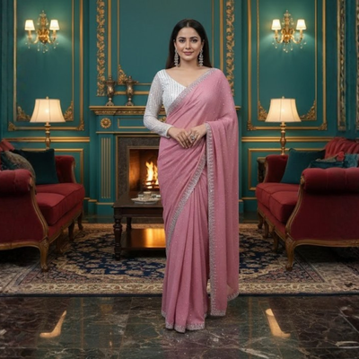 Georgette Saree with Blouse and Diamond Work For Women (Unstitched)