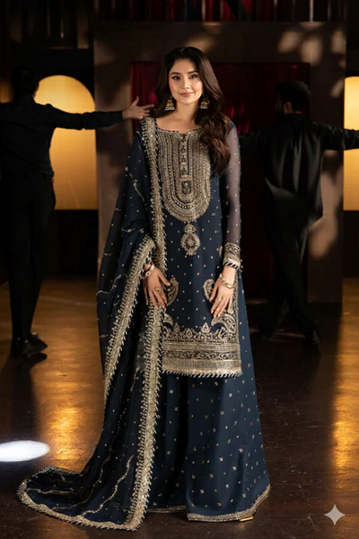 3 Piece Stitched Chiffon  Gharara Suit - Ready to Wear