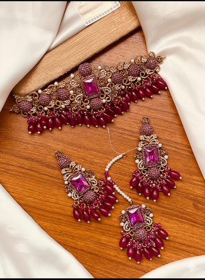 Regal Maroon Kundan and Antique Gold Choker Set