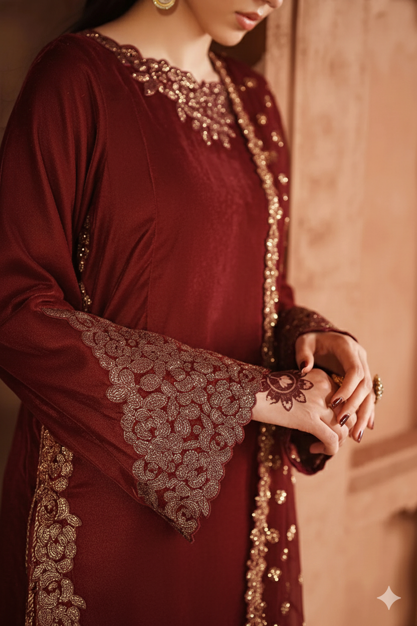 3 Piece Stitched  Velvet  suit - Ready  to  Wear