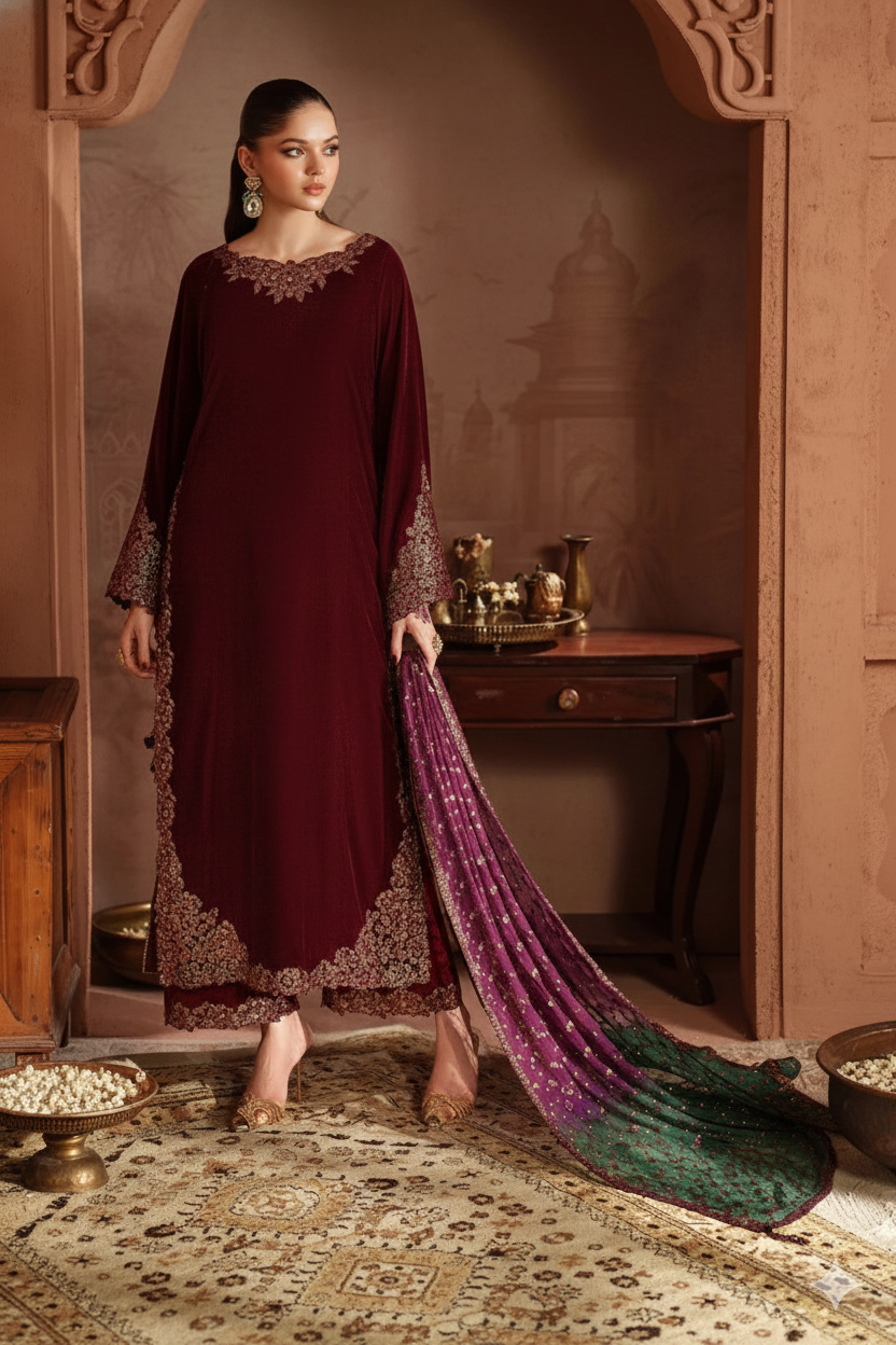 3 Piece Stitched  Velvet  suit - Ready  to  Wear