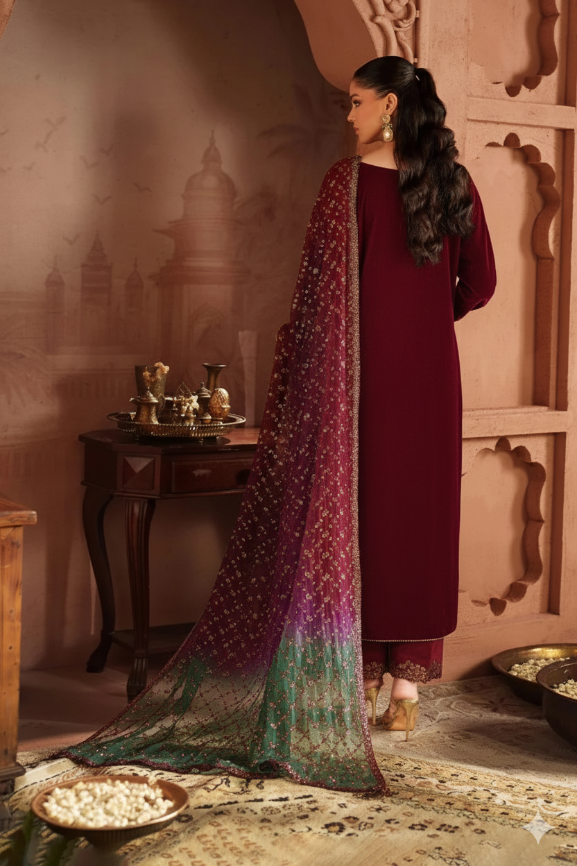 3 Piece Stitched  Velvet  suit - Ready  to  Wear