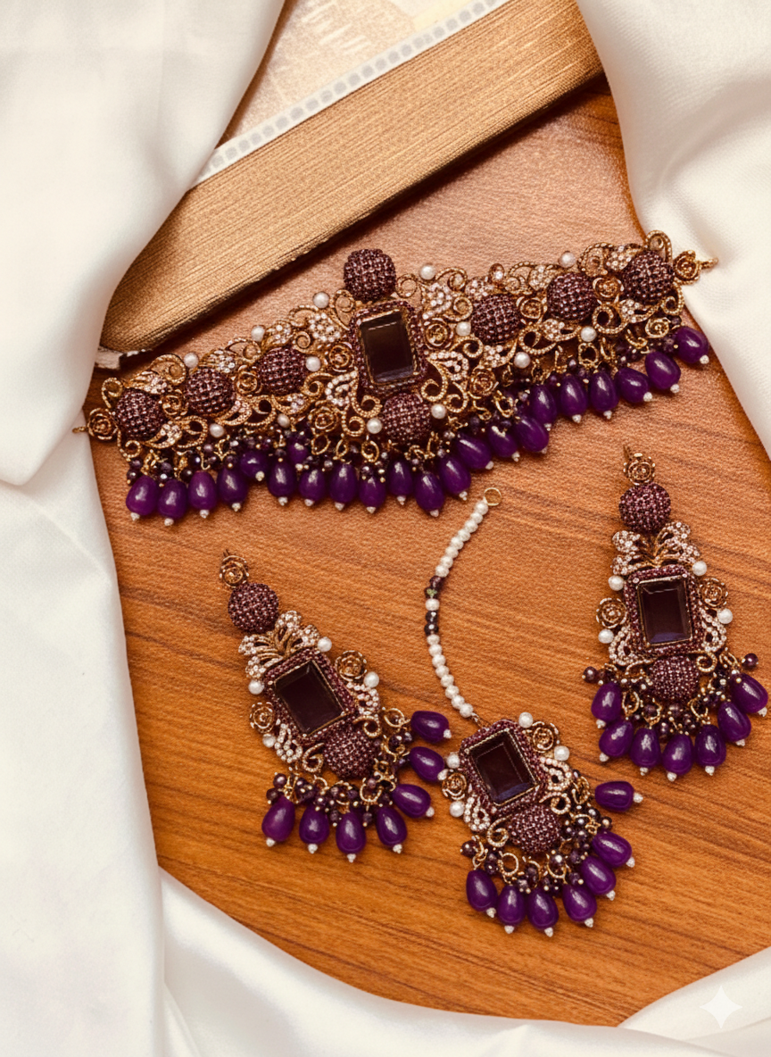 Regal Maroon Kundan and Antique Gold Choker Set