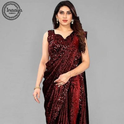 Trending Lycra Blend Saree with Sequins Work For Women (Unstitched)