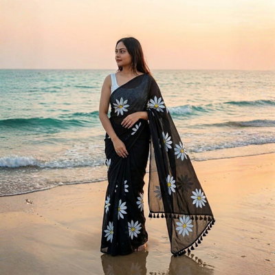 Printed Cotton Saree Collection With Fumka Border For Women (Unstitched)