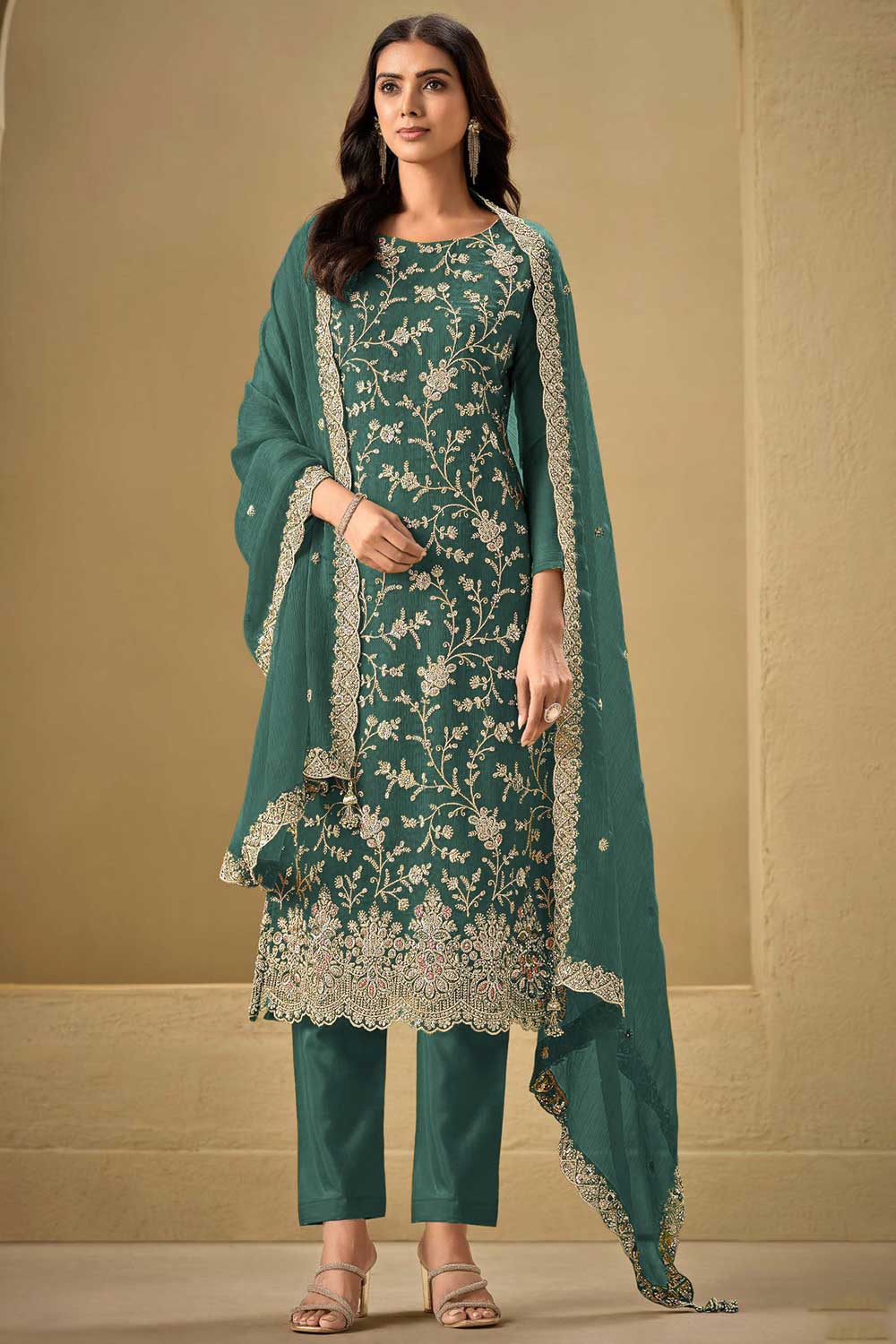 Chinon Embroidered Straight Cut Trouser Suit