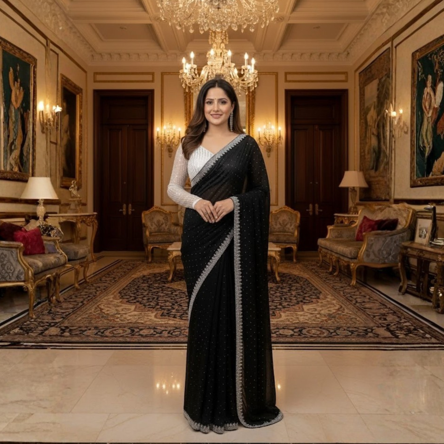 Georgette Saree with Blouse and Diamond Work For Women (Unstitched)