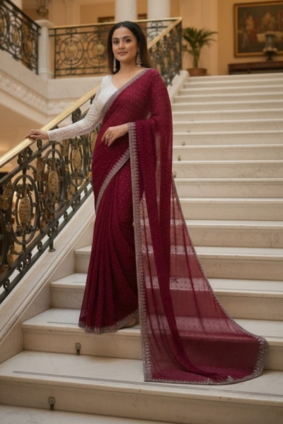 Georgette Saree with Blouse and Diamond Work For Women (Unstitched)