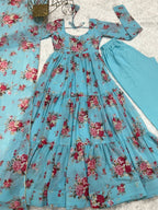 SKY BLUE COLOR SOFT GEORGETTE RUFFLE STYLE THREE PIECE ANARKALI SUIT