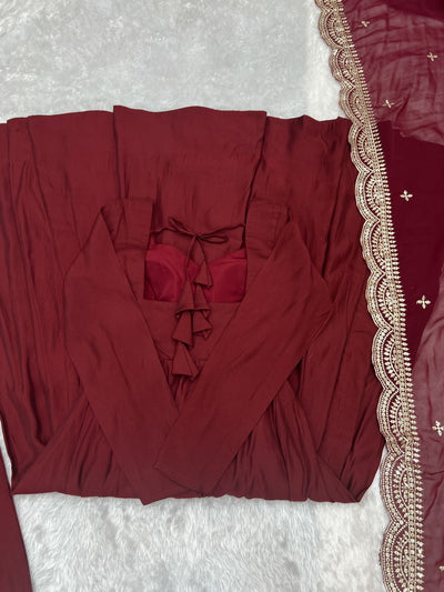 Maroon Colour Roman Silk Chanderi Plain Anarkali Kurti