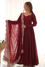 Maroon Colour Roman Silk Chanderi Plain Anarkali Kurti