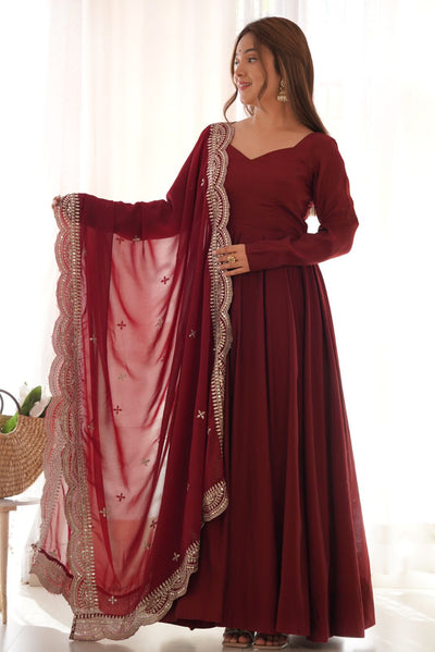 Maroon Colour Roman Silk Chanderi Plain Anarkali Kurti