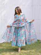 Multi Stains Digital Printed Pure Organza Anarkali Gown