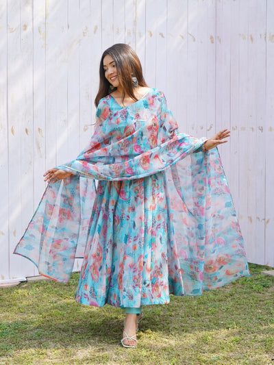 Multi Stains Digital Printed Pure Organza Anarkali Gown
