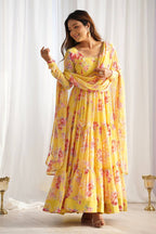 Candy Yellow Floral 3-Layer Georgette Gown With Dupatta