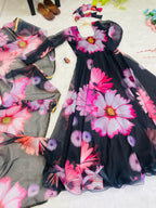 Elegant Party Wear Organza Taby Silk Gown with Dupatta