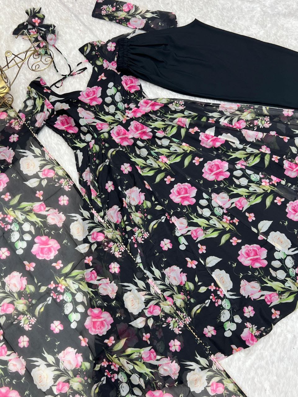 Organza Silk Anarkali Suit Set with Dupatta and Pant