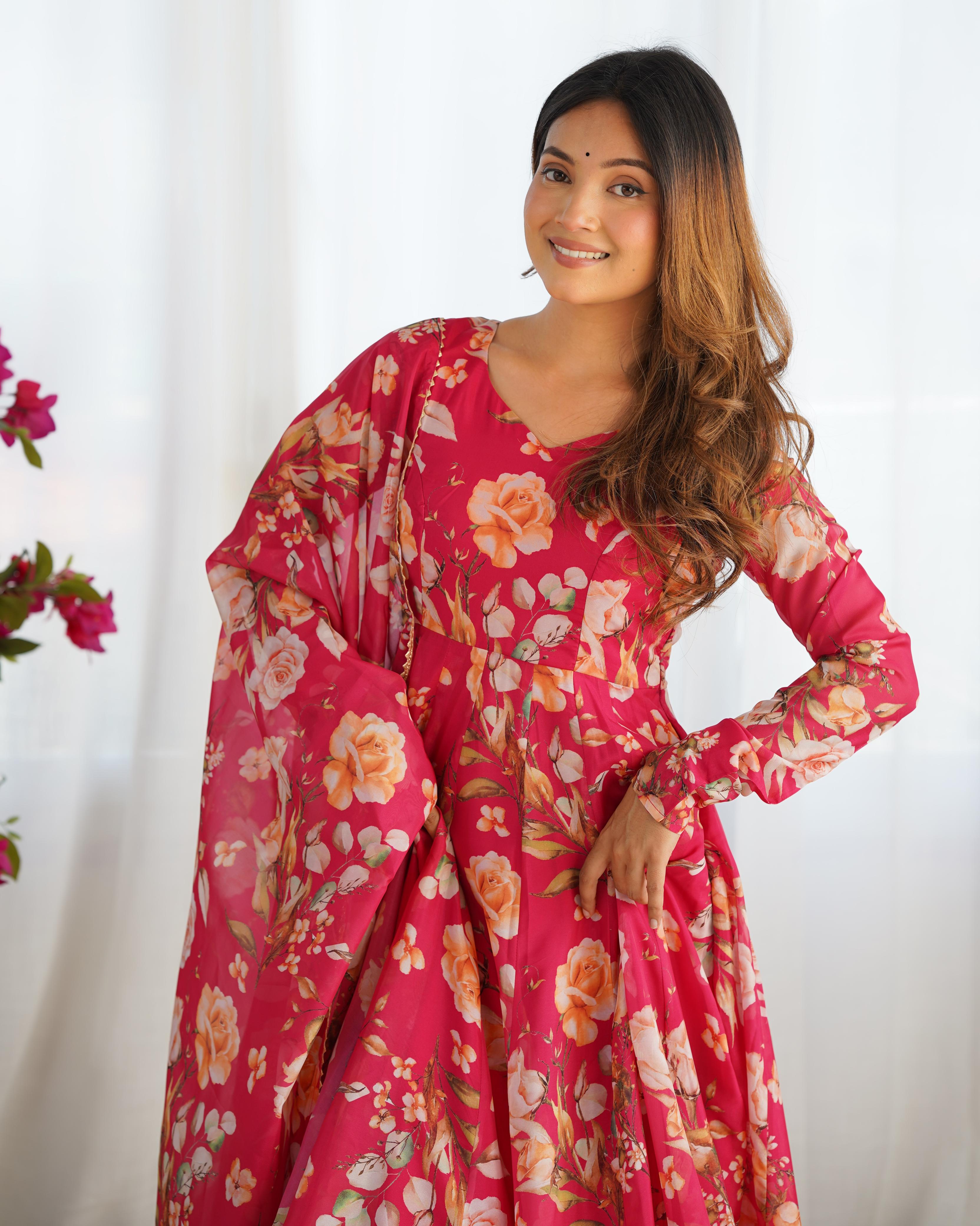 Printed Organza Anarkali with Gota Dupatta