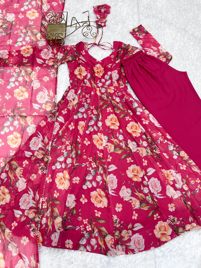 Printed Organza Anarkali with Gota Dupatta