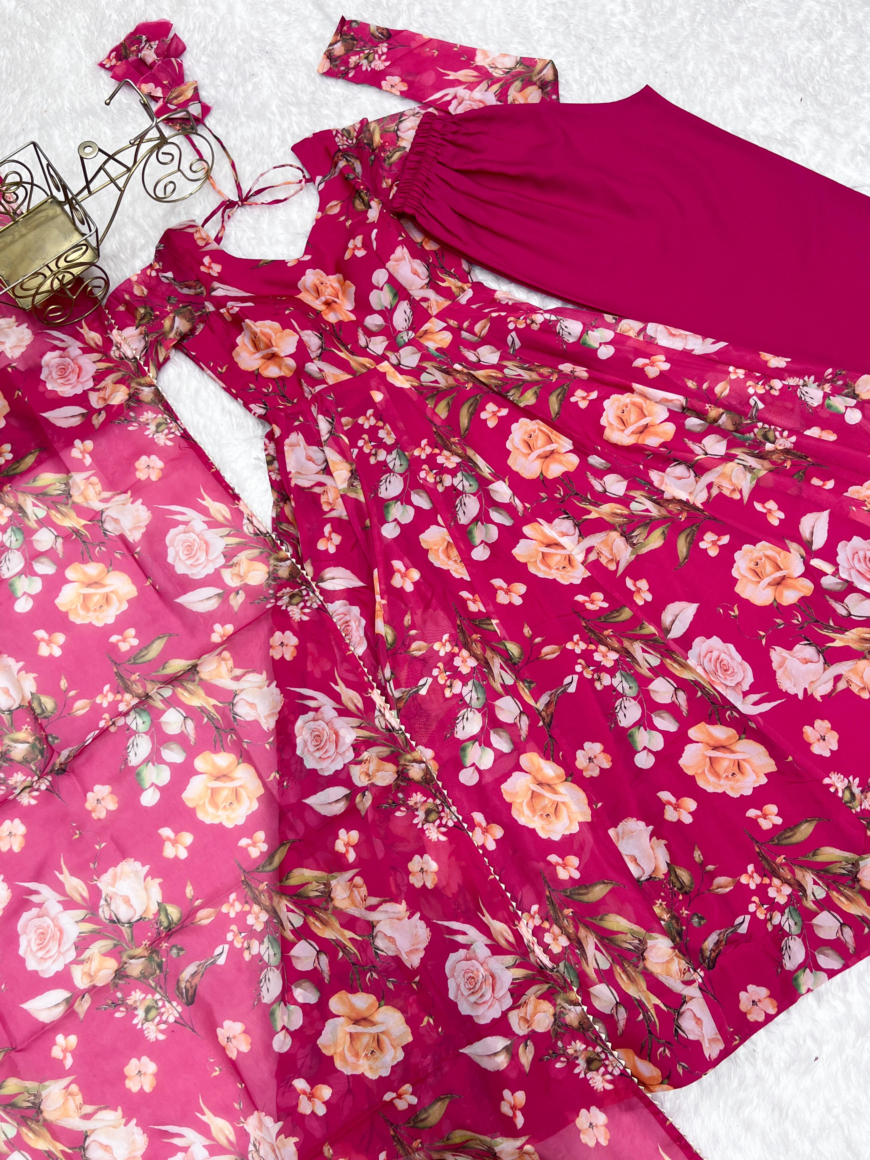 Printed Organza Anarkali with Gota Dupatta
