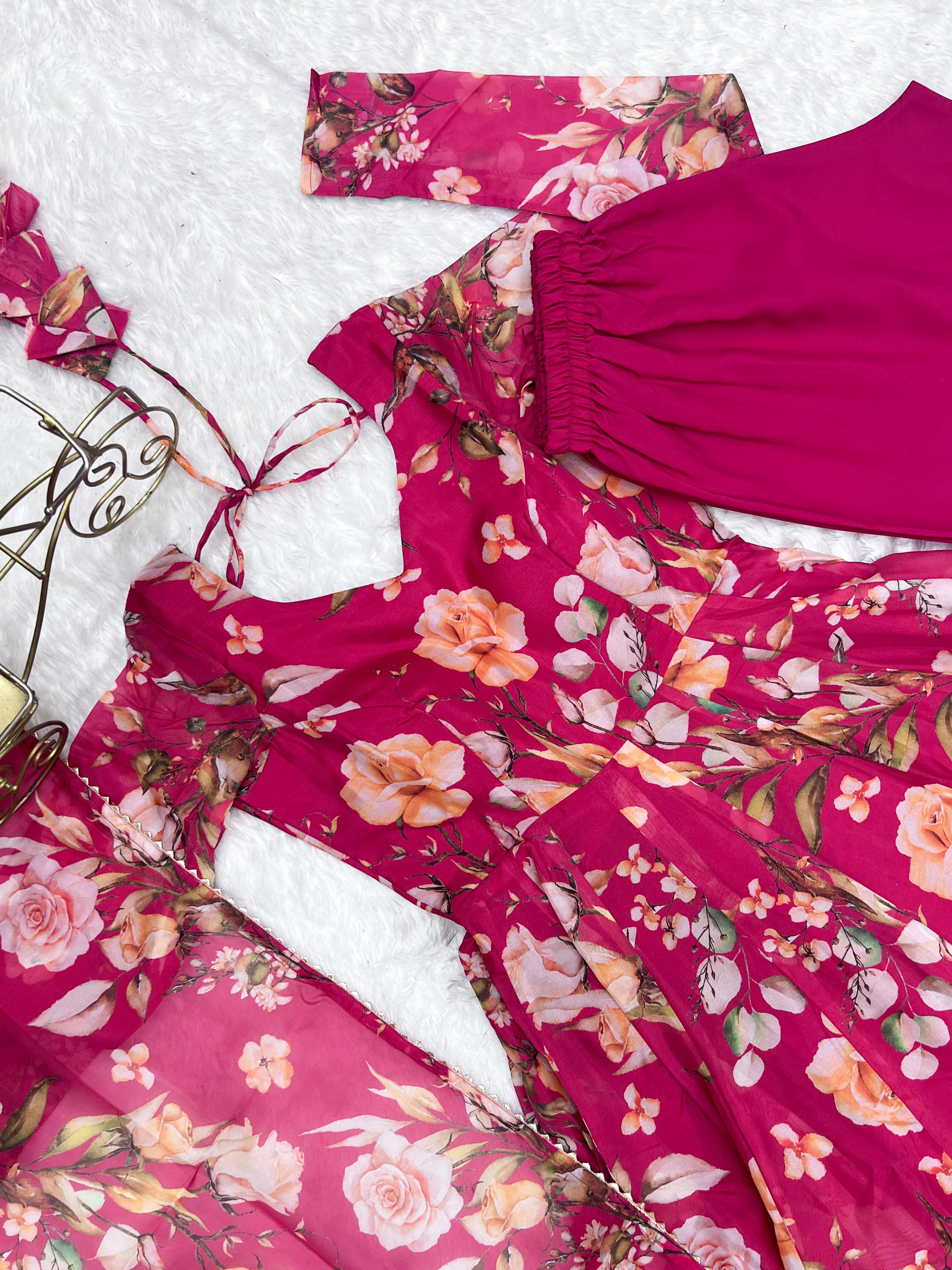 Printed Organza Anarkali with Gota Dupatta
