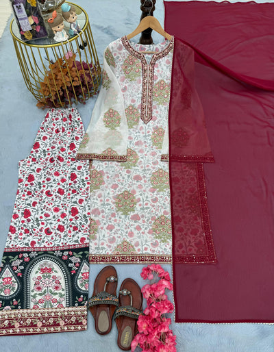 Embroidered Georgette Top with Crepe Palazzo