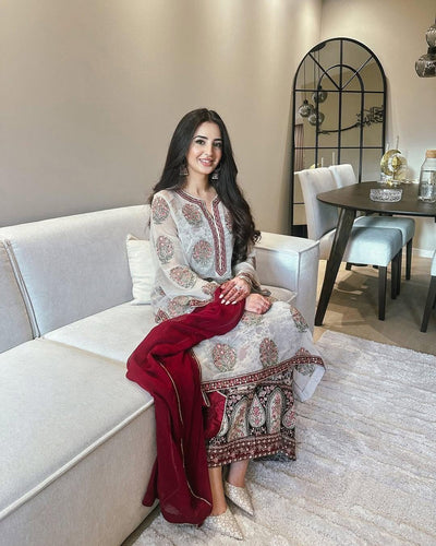 Embroidered Georgette Top with Crepe Palazzo