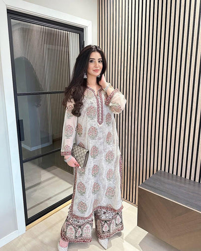 Embroidered Georgette Top with Crepe Palazzo