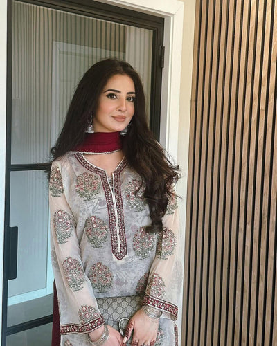 Embroidered Georgette Top with Crepe Palazzo