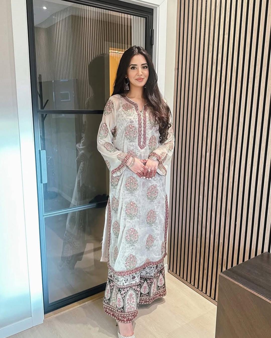 Embroidered Georgette Top with Crepe Palazzo