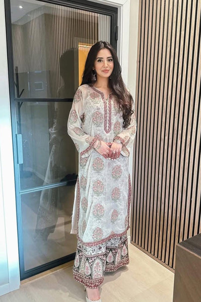 Embroidered Georgette Top with Crepe Palazzo