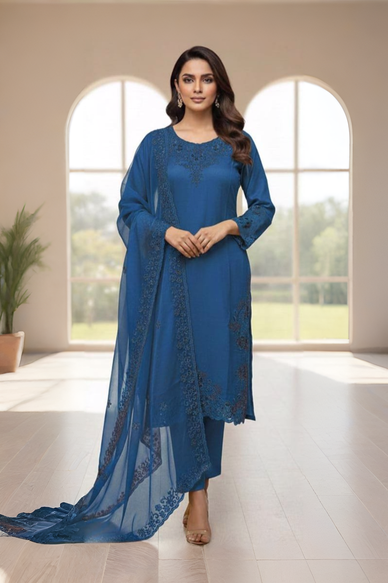 Crystal Viscose Suit with Organza Dupatta