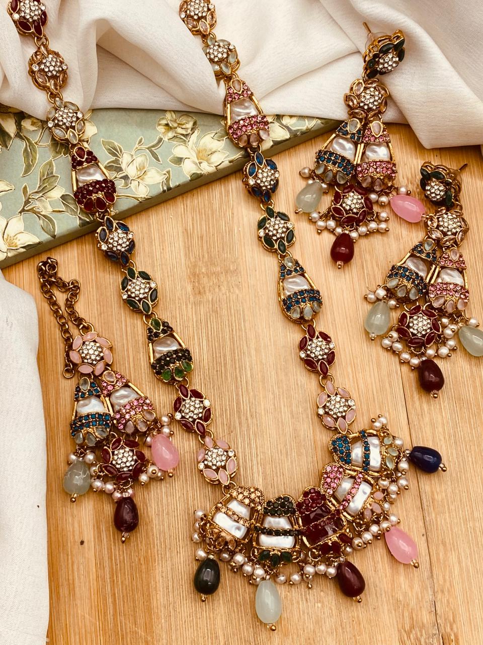 Elegant Long Mala Necklace Set with Mother of Pearl