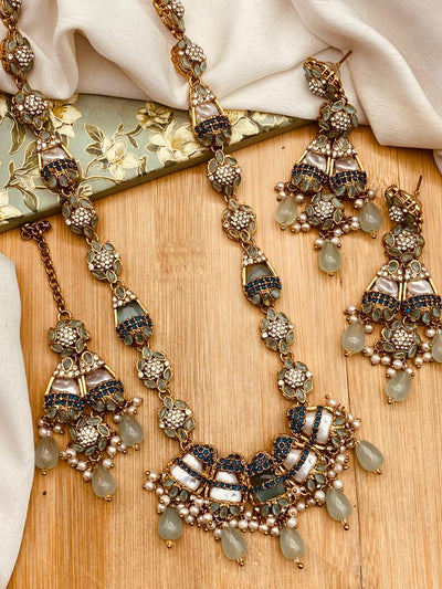 Elegant Long Mala Necklace Set with Mother of Pearl
